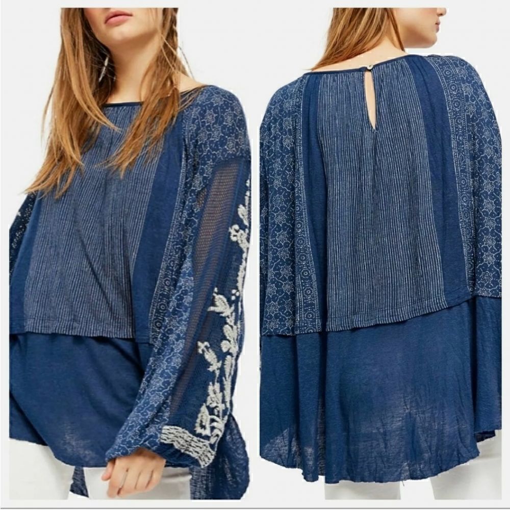 Free People Indigo Dreams Embroidered Tunic size small